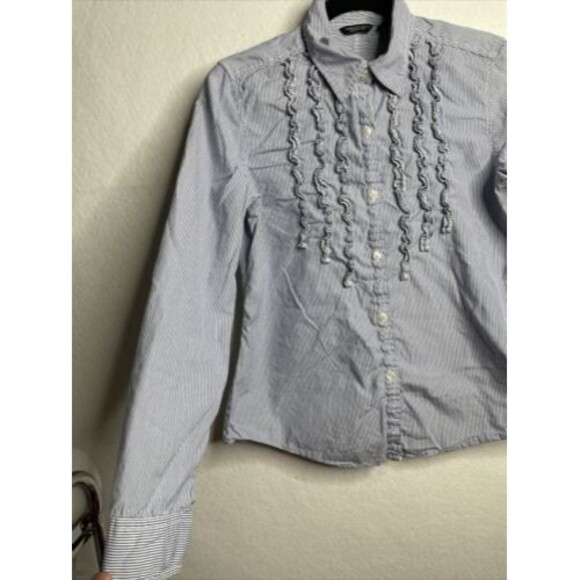 American Eagle Button-Front Favorite Fit Blue/White Stripe Ruffle Front Shirt M - Picture 6 of 12